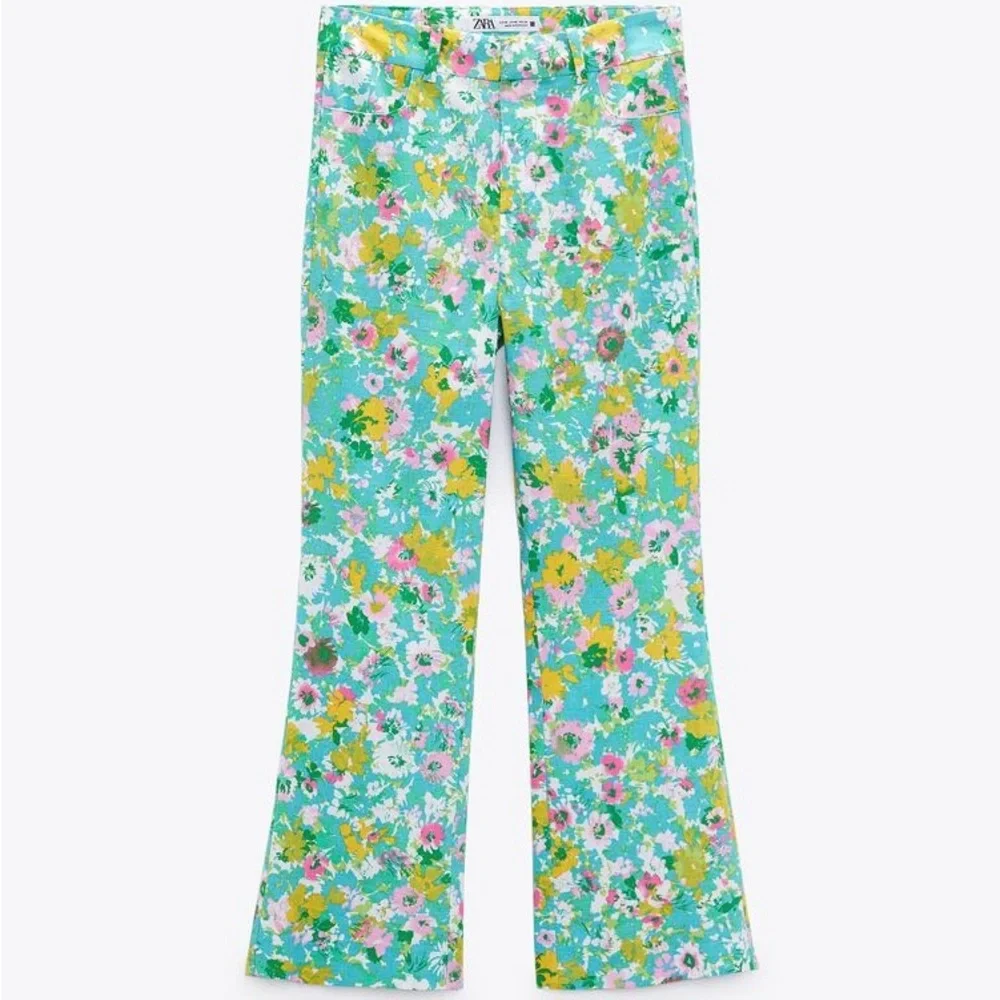 ZARA PRINTED‎ LINEN-BLEND MINI FLARE TROUSERS